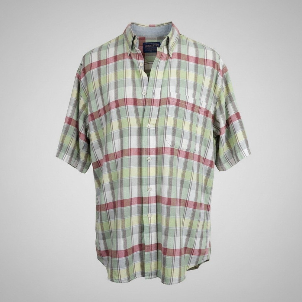 Pendleton Mens Medium Plaid Short Sleeve Button Front Shirt Cotton Madras Check